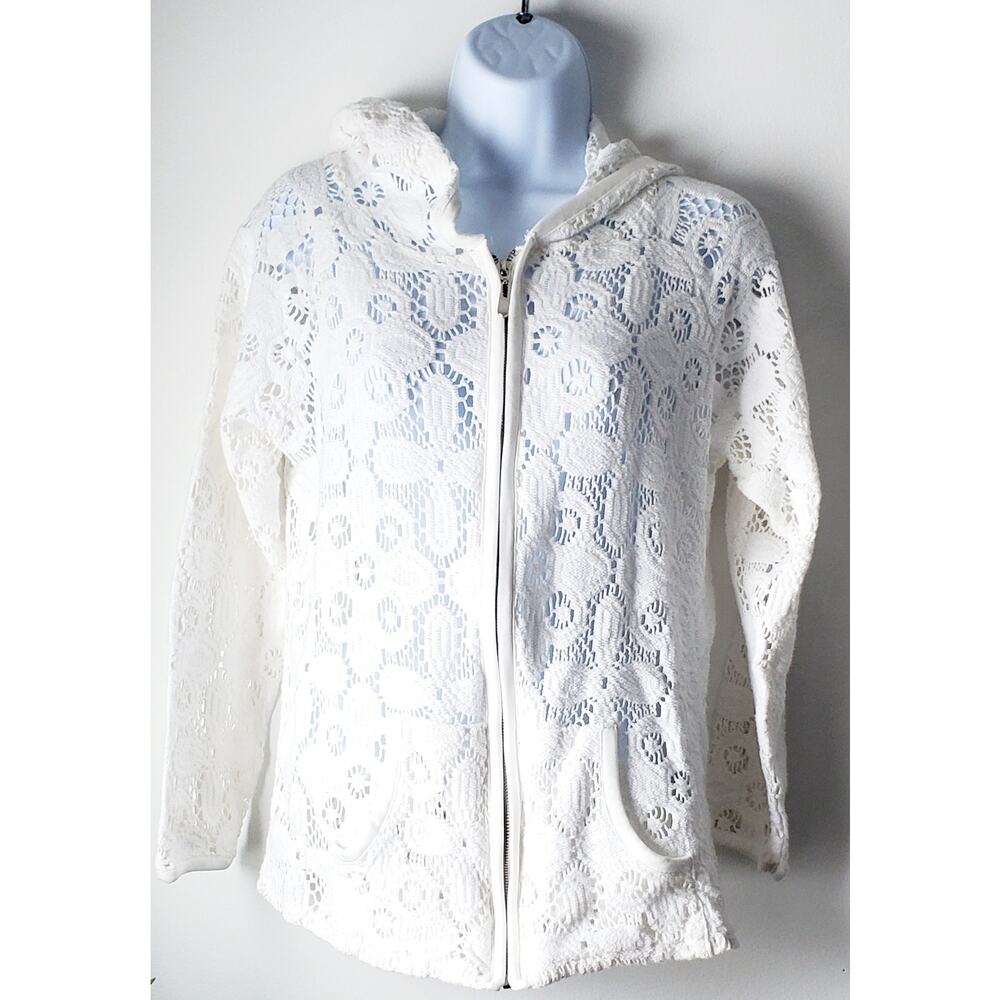 Keren Hart Womens Cotton Crochet Lace Cream Zip Up Hooded Jacket Size Large Boho